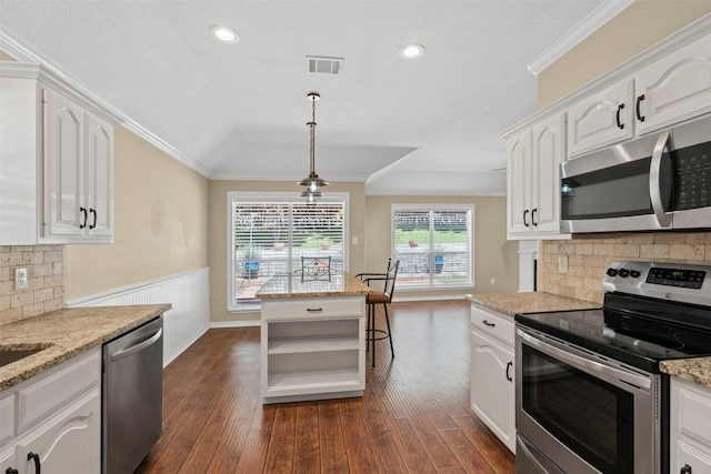 235 Carriage Dr, Willow Park, TX 76087 - kitchen with stainless steel appliances, crown molding, white cabinets, dark wood finished floors, and recessed lighting