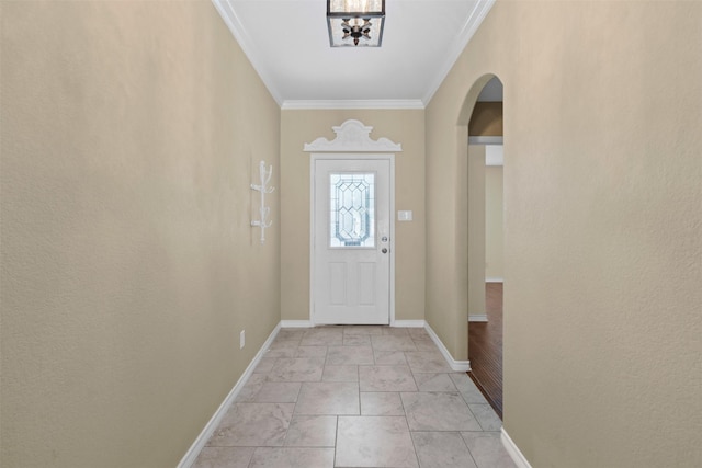 235 Carriage Dr, Willow Park, TX 76087 - doorway to outside with arched walkways, baseboards, and crown molding