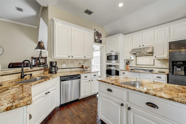 3401 Beckingham Ct, Flower Mound, TX 75022 - kitchen with appliances with stainless steel finishes, under cabinet range hood, a sink, tasteful backsplash, and dark wood-type flooring