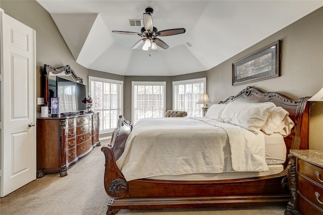 3401 Beckingham Ct, Flower Mound, TX 75022 - bedroom featuring light colored carpet, lofted ceiling, and a ceiling fan