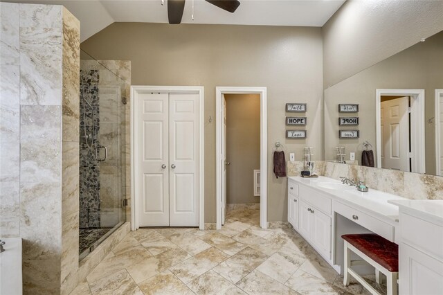 3401 Beckingham Ct, Flower Mound, TX 75022 - bathroom with a stall shower, vanity, a ceiling fan, lofted ceiling, and marble finish floors