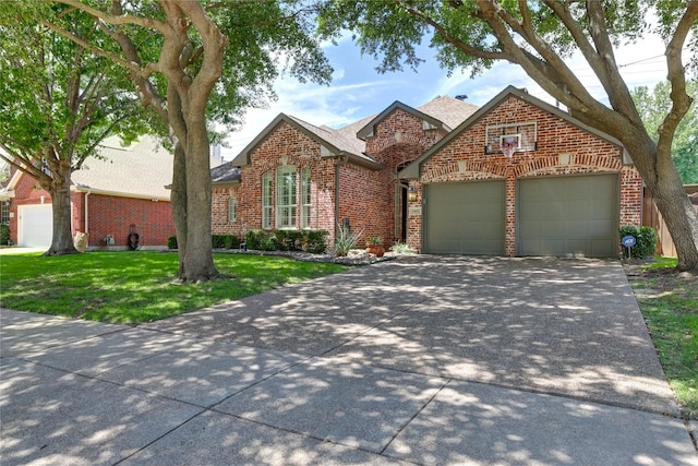 3401 Beckingham Ct, Flower Mound, TX 75022 - traditional-style home featuring brick siding, an attached garage, driveway, a front yard, and a shingled roof