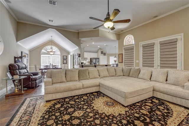 3401 Beckingham Ct, Flower Mound, TX 75022 - living room with ceiling fan, wood finished floors, baseboards, vaulted ceiling, and ornamental molding