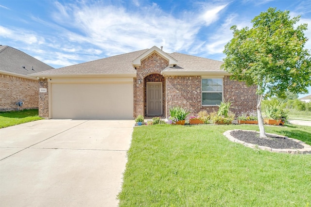6100 True Vine Rd, Fort Worth, TX 76123 - ranch-style home with brick siding, concrete driveway, an attached garage, a front yard, and a shingled roof