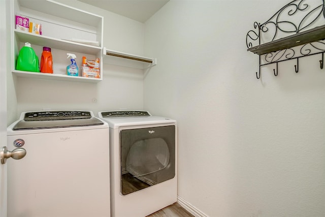 6100 True Vine Rd, Fort Worth, TX 76123 - laundry area featuring independent washer and dryer, baseboards, and wood finished floors