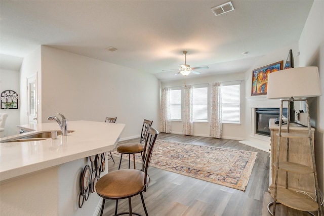 6100 True Vine Rd, Fort Worth, TX 76123 - kitchen with a sink, a kitchen breakfast bar, a ceiling fan, light wood finished floors, and light countertops