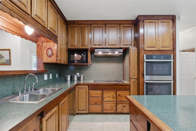 421 Olive Branch Rd, Brock, TX 76087 - kitchen featuring ventilation hood, black appliances, a sink, decorative backsplash, and brown cabinets