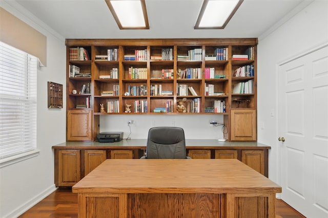 421 Olive Branch Rd, Brock, TX 76087 - office with built in desk, ornamental molding, dark wood-style floors, and baseboards