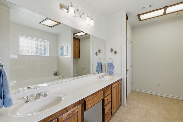 421 Olive Branch Rd, Brock, TX 76087 - full bathroom featuring a bath, double vanity, ornamental molding, and toilet