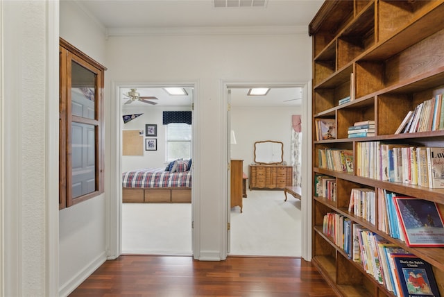 421 Olive Branch Rd, Brock, TX 76087 - corridor with dark wood-type flooring, crown molding, and baseboards
