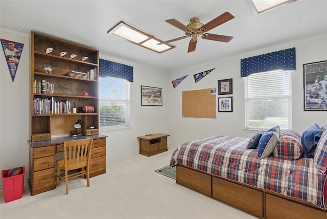 421 Olive Branch Rd, Brock, TX 76087 - bedroom featuring ornamental molding, carpet floors, multiple windows, a desk, and a ceiling fan