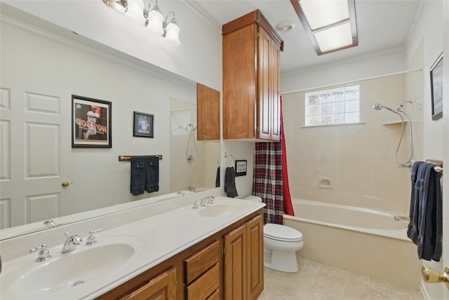 421 Olive Branch Rd, Brock, TX 76087 - full bath featuring toilet, shower / bath combo, double vanity, crown molding, and tile patterned flooring