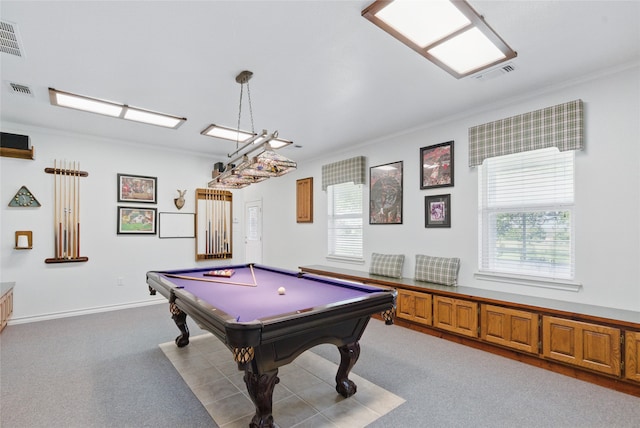 421 Olive Branch Rd, Brock, TX 76087 - recreation room with plenty of natural light, carpet flooring, billiards table, and ornamental molding
