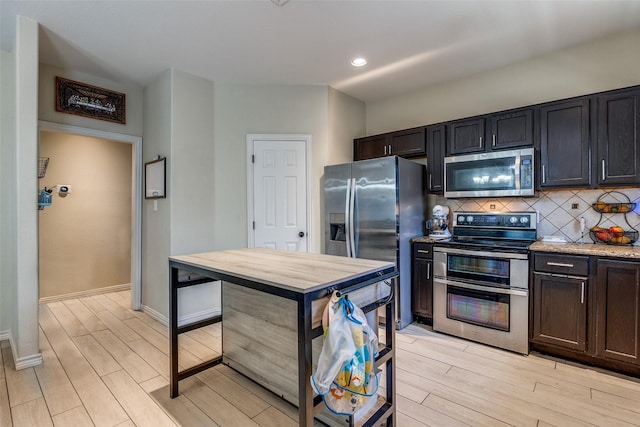 2446 Catherine St, Dallas, TX 75211 - kitchen with appliances with stainless steel finishes, light wood finished floors, decorative backsplash, baseboards, and recessed lighting