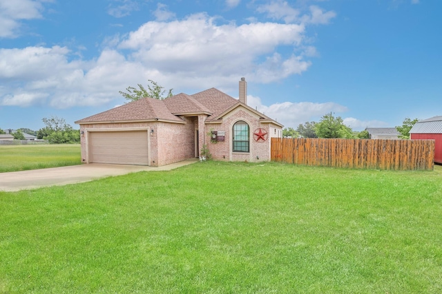 4109 Seminole Trl, Granbury, TX 76048 - view of front of home with brick siding, a chimney, a garage, driveway, and roof with shingles