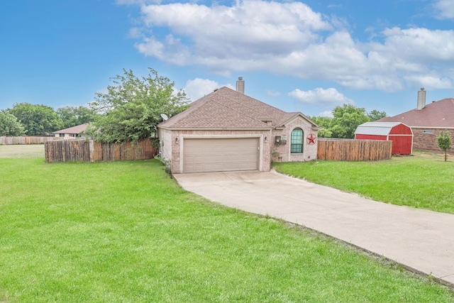 4109 Seminole Trl, Granbury, TX 76048 - view of front of house with concrete driveway, brick siding, an attached garage, a chimney, and a shingled roof