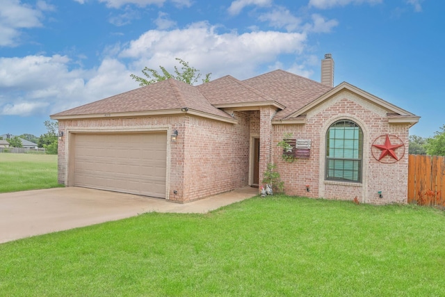 4109 Seminole Trl, Granbury, TX 76048 - view of front of home with brick siding, an attached garage, a shingled roof, driveway, and a chimney