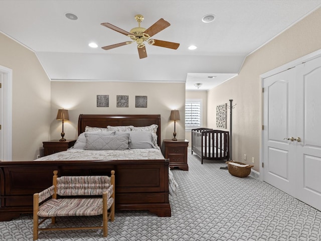 103 Marina Del Ray, Bridgeport, TX 76426 - bedroom with lofted ceiling, a ceiling fan, recessed lighting, light colored carpet, and baseboards