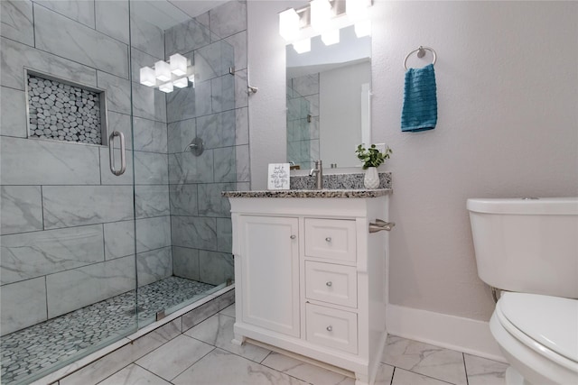 916 Wilde St, Denison, TX 75020 - full bath with marble look tiles, toilet, vanity, and a tile shower