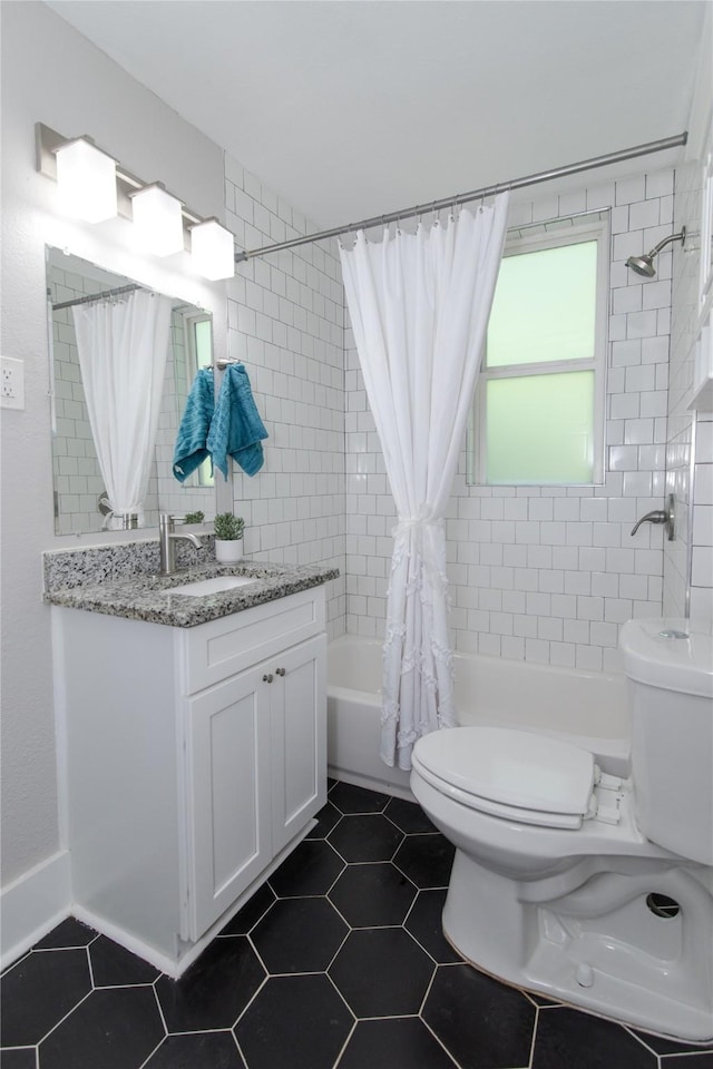 916 Wilde St, Denison, TX 75020 - bathroom with shower / bathtub combination with curtain, toilet, vanity, and tile patterned floors