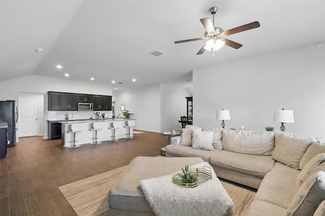 1417 Grassy Meadows Dr, Burleson, TX 76058 - living area featuring ceiling fan, recessed lighting, dark wood finished floors, and lofted ceiling