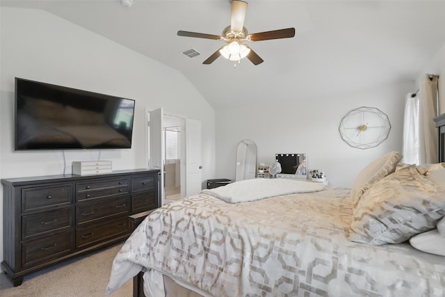 1417 Grassy Meadows Dr, Burleson, TX 76058 - bedroom with vaulted ceiling, light colored carpet, ceiling fan, and ensuite bathroom