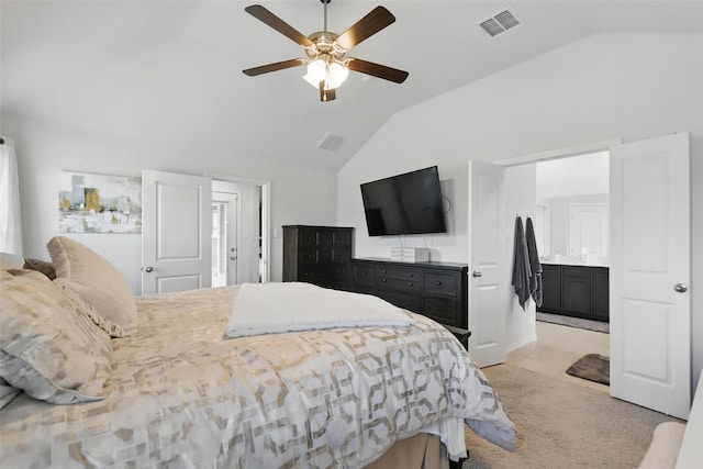 1417 Grassy Meadows Dr, Burleson, TX 76058 - bedroom featuring lofted ceiling, light colored carpet, ensuite bathroom, and a ceiling fan
