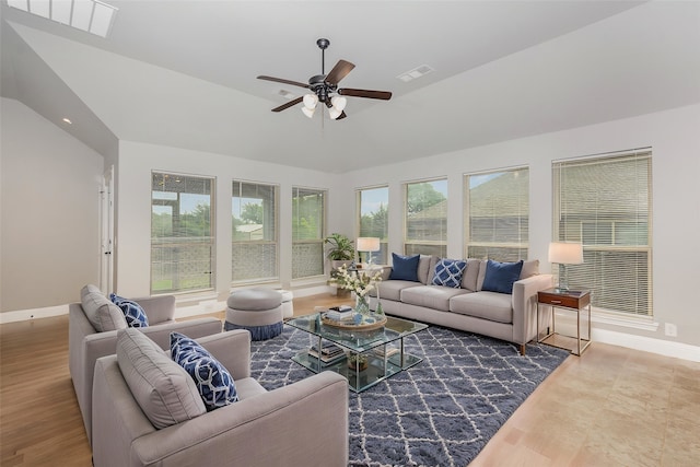 628 Cottage Pl, Lavon, TX 75166 - living room featuring baseboards, ceiling fan, plenty of natural light, vaulted ceiling, and wood finished floors