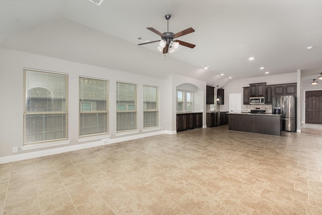 628 Cottage Pl, Lavon, TX 75166 - unfurnished living room featuring vaulted ceiling, a ceiling fan, recessed lighting, and baseboards