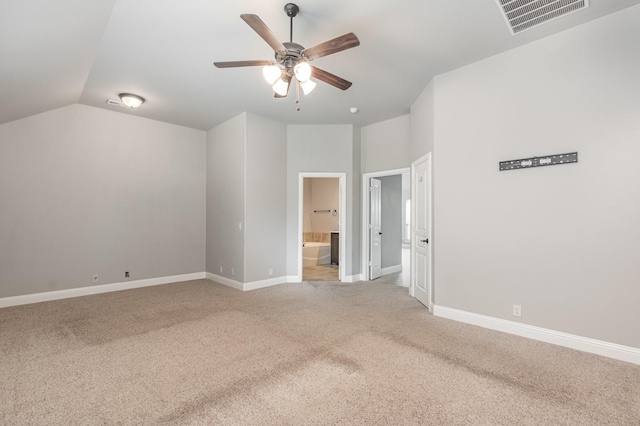 628 Cottage Pl, Lavon, TX 75166 - unfurnished bedroom featuring light carpet, baseboards, ensuite bath, lofted ceiling, and ceiling fan
