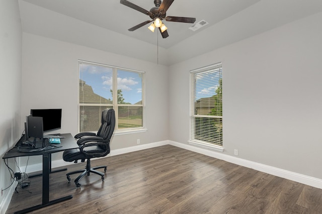 628 Cottage Pl, Lavon, TX 75166 - office space featuring wood finished floors, baseboards, a ceiling fan, and lofted ceiling