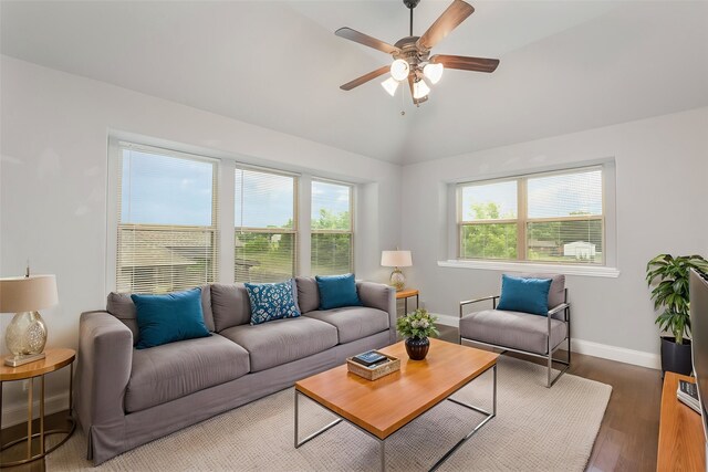628 Cottage Pl, Lavon, TX 75166 - living area featuring a ceiling fan, wood finished floors, plenty of natural light, lofted ceiling, and baseboards
