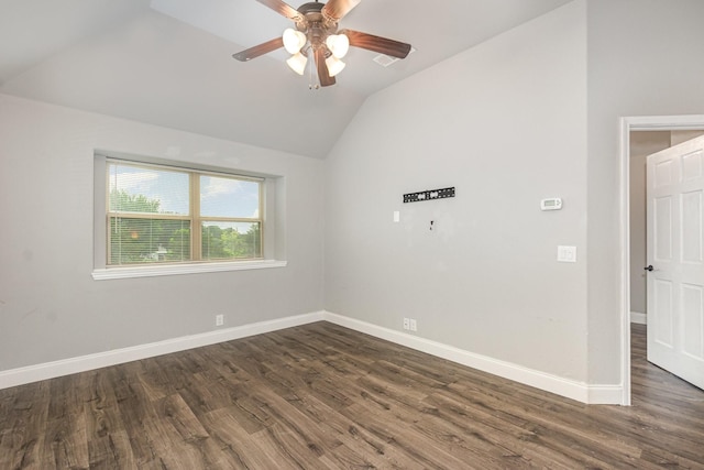 628 Cottage Pl, Lavon, TX 75166 - empty room with vaulted ceiling, dark wood-style flooring, ceiling fan, and baseboards