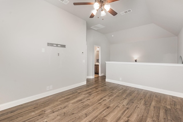 628 Cottage Pl, Lavon, TX 75166 - unfurnished room with a ceiling fan, wood finished floors, vaulted ceiling, and baseboards