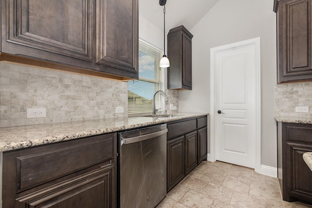 628 Cottage Pl, Lavon, TX 75166 - kitchen featuring stainless steel dishwasher, dark brown cabinetry, a sink, and baseboards