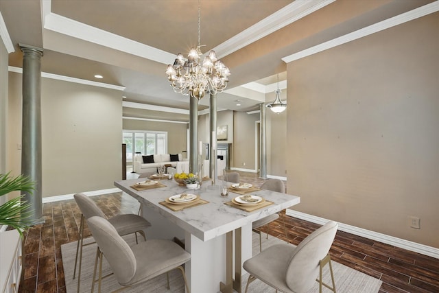 5020 Still Meadow Dr, Fort Worth, TX 76132 - dining space featuring baseboards, wood tiled floors, crown molding, ornate columns, and recessed lighting