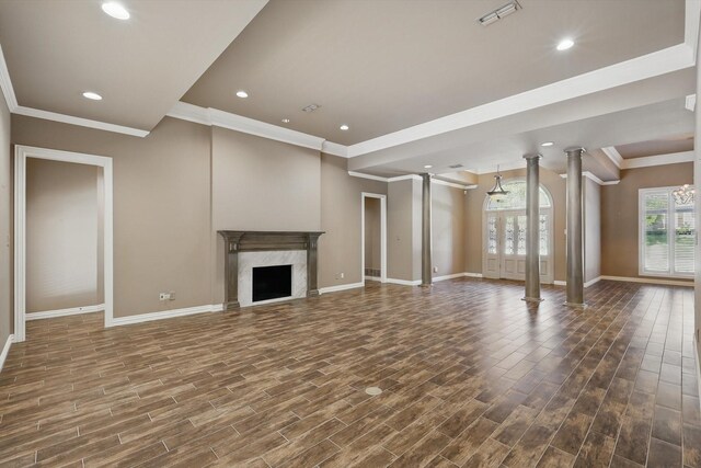 5020 Still Meadow Dr, Fort Worth, TX 76132 - unfurnished living room with baseboards, dark wood-style floors, ornamental molding, recessed lighting, and a fireplace