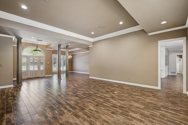 5020 Still Meadow Dr, Fort Worth, TX 76132 - unfurnished living room with decorative columns, ornamental molding, baseboards, dark wood-type flooring, and recessed lighting