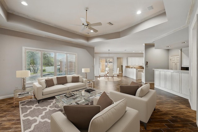 5020 Still Meadow Dr, Fort Worth, TX 76132 - living room featuring a tray ceiling, ceiling fan, ornamental molding, baseboards, and recessed lighting