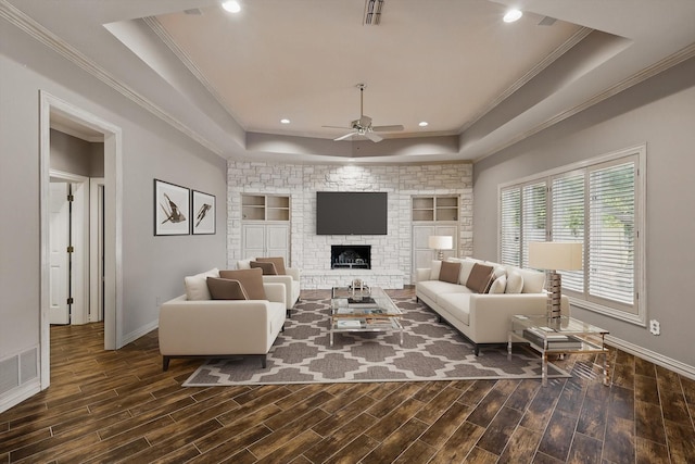 5020 Still Meadow Dr, Fort Worth, TX 76132 - living room with a raised ceiling, ceiling fan, dark wood finished floors, recessed lighting, and ornamental molding