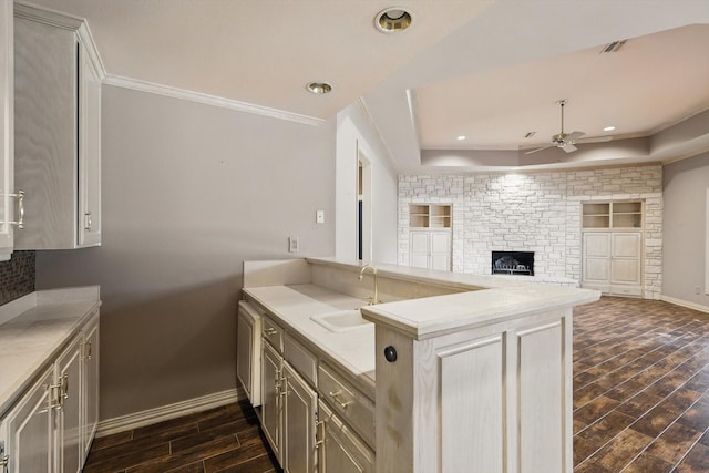5020 Still Meadow Dr, Fort Worth, TX 76132 - kitchen featuring dark wood-style flooring, ceiling fan, a sink, a fireplace, and baseboards