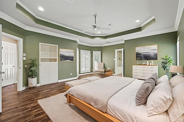 5020 Still Meadow Dr, Fort Worth, TX 76132 - bedroom with a tray ceiling, dark wood-style flooring, ornamental molding, recessed lighting, and baseboards