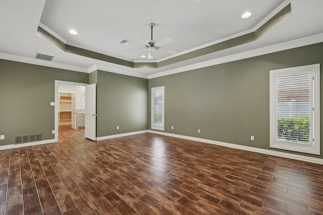 5020 Still Meadow Dr, Fort Worth, TX 76132 - unfurnished room featuring a tray ceiling, ceiling fan, wood finished floors, baseboards, and crown molding