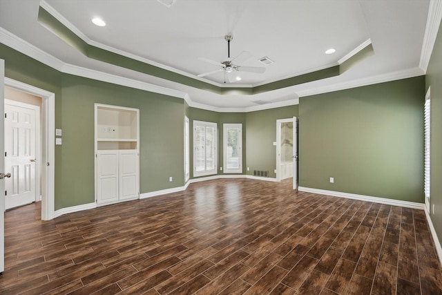 5020 Still Meadow Dr, Fort Worth, TX 76132 - unfurnished bedroom featuring a tray ceiling, wood finished floors, baseboards, ornamental molding, and recessed lighting