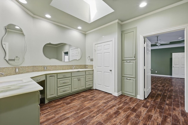 5020 Still Meadow Dr, Fort Worth, TX 76132 - bathroom featuring crown molding, double vanity, wood finished floors, recessed lighting, and ceiling fan