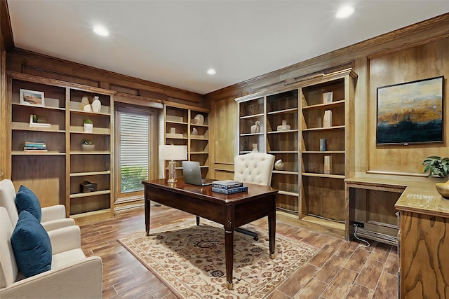 5020 Still Meadow Dr, Fort Worth, TX 76132 - home office featuring wood finished floors, wooden walls, recessed lighting, built in shelves, and ornamental molding