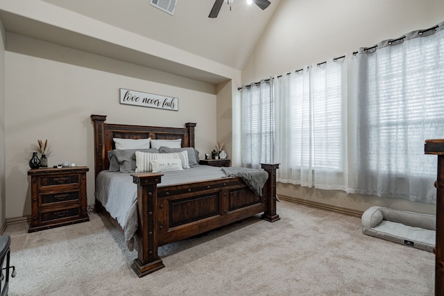 3547 County Road 1092, Celeste, TX 75423 - bedroom featuring light colored carpet, high vaulted ceiling, baseboards, and ceiling fan