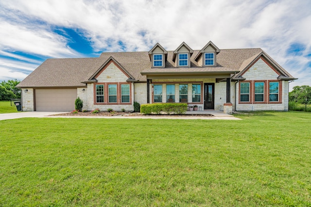 3547 County Road 1092, Celeste, TX 75423 - view of front facade featuring stone siding, a garage, concrete driveway, and a front lawn