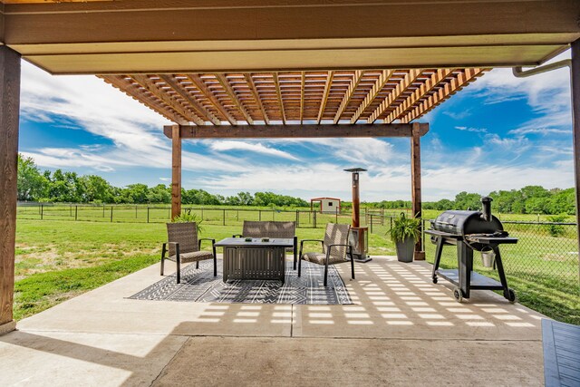 3547 County Road 1092, Celeste, TX 75423 - view of patio / terrace featuring grilling area, a pergola, and a view of rural / pastoral area