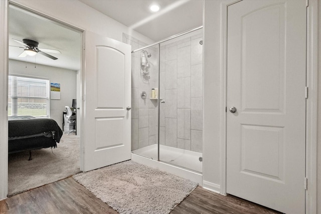 113 Hamilton Way, Venus, TX 76084 - bathroom featuring a shower stall, ceiling fan, ensuite bath, and wood finished floors